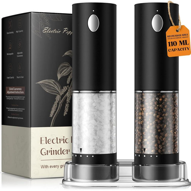 Electric Salt and Pepper Grinder Set, Rechargeable Automatic Salt and Pepper Shaker with 6 Adjustable Coarseness, Large-Capacity Pepper Mill Kitchen Appliances Gifts for Women(Black）