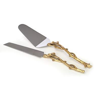 2 Piece Goldleaf (twig) Cake Server Set. 1 Cake Knife and 1 Cake Server. Leaf Design 2 Tone Made of Stainless Steel and Brass. Ideal for Weddings, Party's, Elegant events,