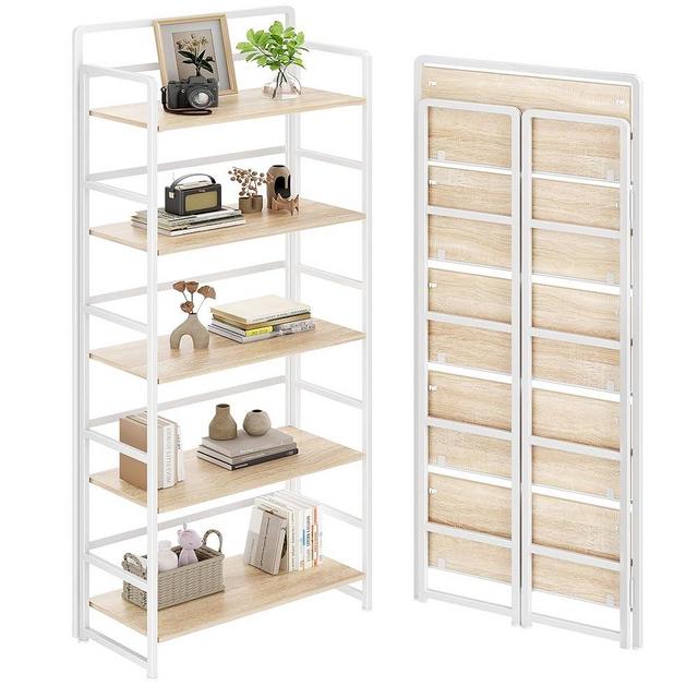 THKKY No Assembly Folding Bookshelf, 5 Tiers Collapsible Book Shelf for Home Office, Vintage Wood Foldable Bookcase Storage Organizer for Living Room Bedroom (Beige)