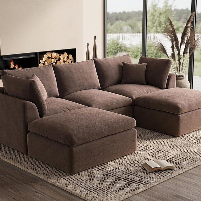 ohllob 110" Cloud Sectional Couches for Living Room, Boneless U Shaped Couch with Ottoman, 3 Seater Modular Sectional Sofa, Brown