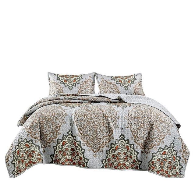 Jaba 3-Piece Fine Printed King Size Quilt Set, All Season Bedspread, Gevira Lightweight Coverlet with Pillow Shams Summer Bed Cover in Orange, Grey and Brown with Elegant Medallion Pattern