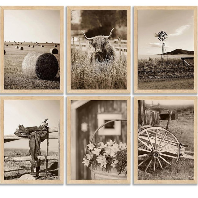 6Pcs Farmhouse Rustic Highland Cow Wall Art,Vintage Country Animal Farm Cattle Painting Picture Wall Decor,Retro Western Hat Poster Print Artwork,for Bedroom Living Room Home Decoration,Unframed