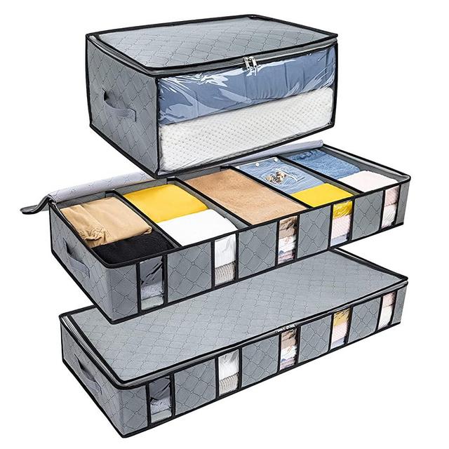 DIMJ Under Bed Storage Bag Large Adjustable Dividers Clothes Storage Organizer Foldable Storage Containers with Durable Fabric,Reinforced Handle-3 Pack
