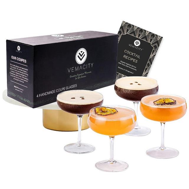 Elegant Coupe Cocktail Glasses Set of 4 | Handmade Crystal Glasses | Quality Champagne Coupe Glasses + Recipe e-Book |Large Cocktail Glass | Espresso Martini Glasses |Large Martini Glass |Coup Glasses