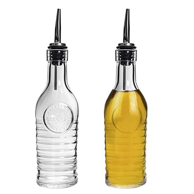 Bormioli Rocco Officina 1825 Set Of 2 Olive Oil And Vinegar Bottle Dispensers, 9 Oz. Glass Bottles, With Stainless Steel Pourer Spout, Made In Italy