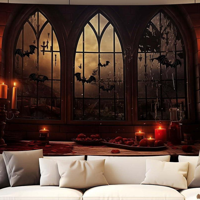QGHOT Halloween Tapestry Wall Hanging Horror Castle Window Tapestry Gothic Spooky Backdrop Vampire Medieval Tapestries for Bedroom Living Room Dorm Wall Art Decor (78.7"x59.1")