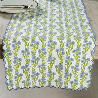 Forget-Me-Not Scallop Embroidered Blockprint Table Runner
