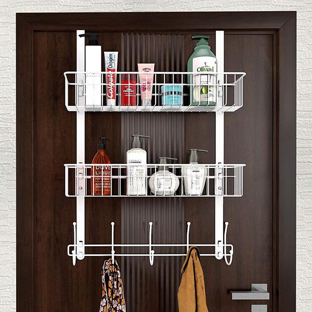 LUCYCAZ Over The Door Organizer Hanger, Door Towel Rack 5 Hooks with 2 Mesh Basket Behind Door Hooks Hanger Shelf, Back Of Door Storage Organizer for Barthroom Kitchen Hanging Towel Clothes (White)