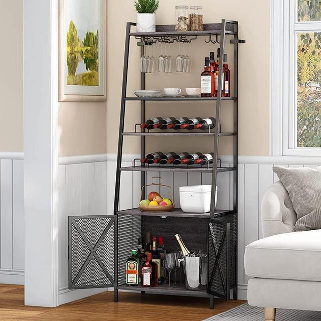 ASYA 5-Tier Wine Rack with Glass Holder, Freestanding Wine Bar Cabinet with Mesh Door and Detachable Wine Rack, Industrial Liquor Cabinet for Home, Kitchen and Dining Room (Gray)