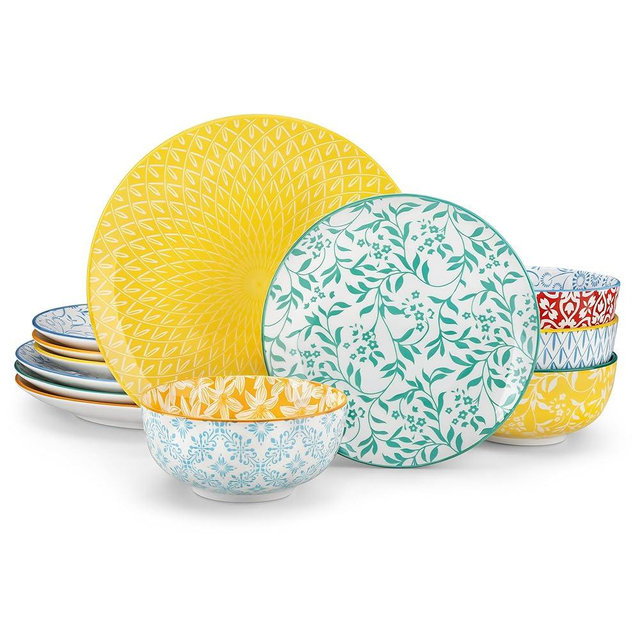 vancasso SELENE Plates and Bowls Set for 4, 12 Pieces Dinnerware Sets, Mircowave and Dishwasher Safe Dishes Set, Porcelain Pastel Dinnerware