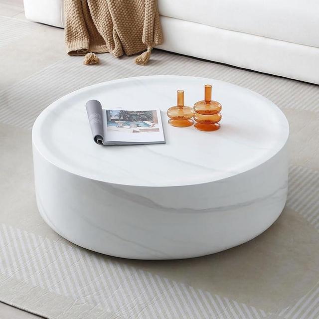 JURMALYN Round Coffee Table for Living Room Circle Faux Marble Coffee Table Modern Drum Center Table for Apartment, No Need Assembly (White Fiberglass 39.37'')