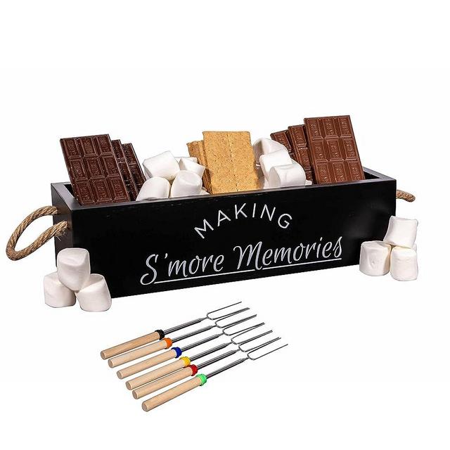 S’mores Station Wooden Box S’mores Bar Carrier with Durable Handles Smores Caddy with Marshmallow Sticks, Farmhouse Decor, Rustic Smores Kit - Great for Parties, Entertaining, Camping (Black)