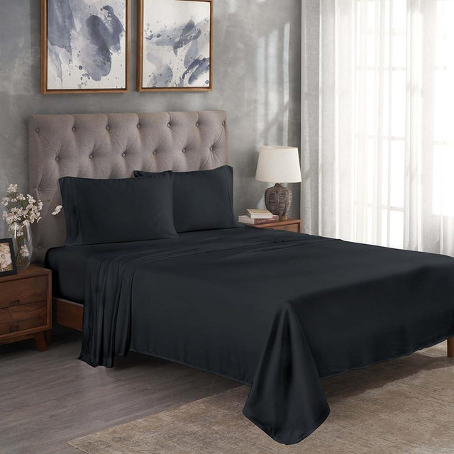 Superior Modal from Beechwood 300 Thread Bed Sheet Set, 1 Elastic Deep Pocket Fitted Sheet, 1 Flat Sheet, 2 Pillowcases, Soft Cool Sheets, Sateen Weave, Bedding Essentials, California King, Black