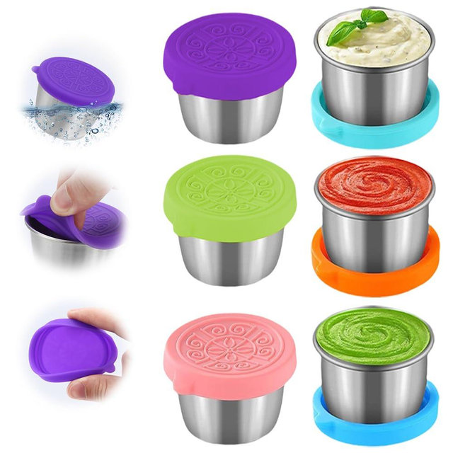 6x1.6/2.4 Oz Condiment Containers with Lids,Salad Dressing Container To Go,Small Reusable Stainless Steel Sauce Containers For Lunch Boxes Picnics Travel Meal Prep Kitchen Storage (6PC-2.4oz)