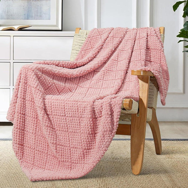 Whale Flotilla Fuzzy Fleece Throw Blanket for Couch, Bed, Soft Fluffy Jacquard Waffle Blankets for All Season, Lightweight and Warm, 50x60 Inch, Pink