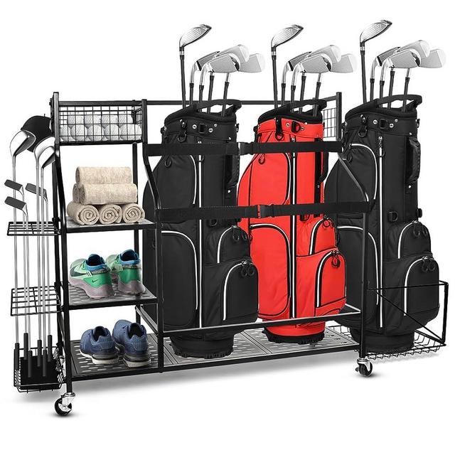 Oududianzi 3 Golf Bag Storage Garage Organizer, Golf bag organizer Fit for 3 Golf Bags, Golf Clubs, Golf Balls, Golf Equipment Accessories, Golf Bag Storage Rack with Wheels for Garage, Club, Basement