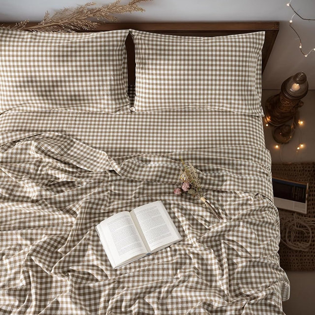 LBRO2M 100% Pure Linen Sheet Set Deep Pocket Up to 16" Bed Sheets Sets, Natural Flax Beddings Soft, Breathable, Comfortable for All Seasons 4 Pcs Sheet Set Queen Size, Brown White Plaid