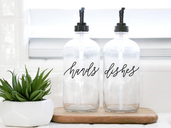 HANDS + DISHES | calligraphy clear soap dispenser set | farmhouse kitchen | modern kitchen | industrial kitchen | kitchen decor