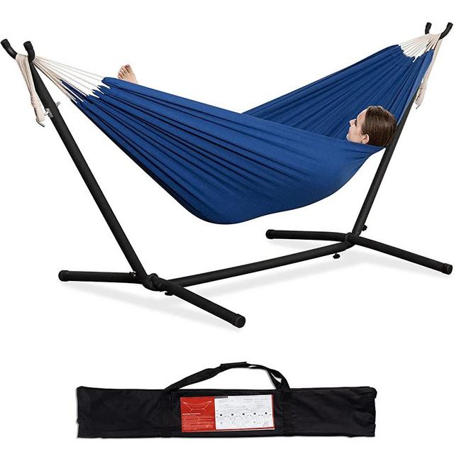 PNAEUT Double Hammock with Space Saving Steel Stand 2 Person Heavy Duty Garden Yard Outdoor 450lb Capacity Hammocks (Navy)