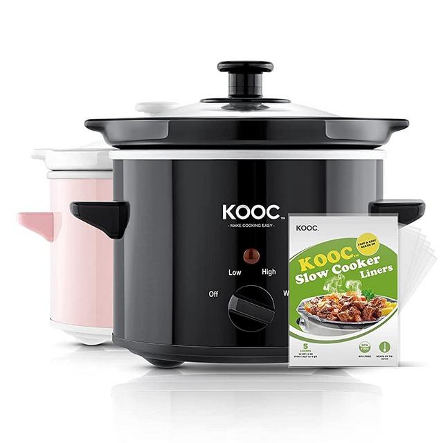 [NEW] KOOC Small Slow Cooker, 2-Quart, Free Liners Included for Easy Clean-up, Upgraded Ceramic Pot, Adjustable Temp, Nutrient Loss Reduction, Stainless Steel, Black, Round…