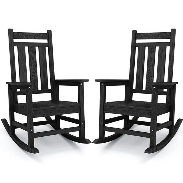 KINGYES Outdoor Patio Rocking Chair Set of 2, Weather Resistant Oversized Porch Rocker, High Back Outdoor Rocking Chair for Adult, Outdoor Rocker with 380Lbs Support(Plum Rocker)- Black