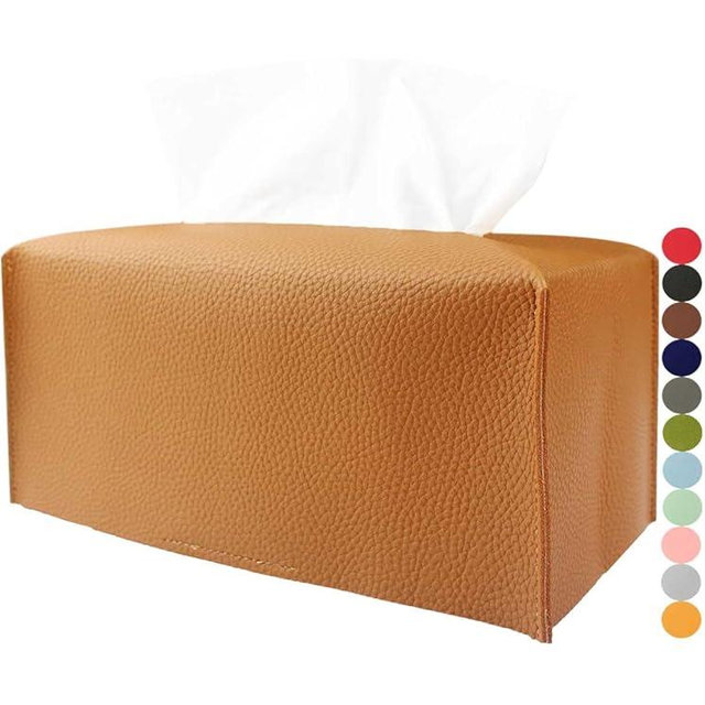 Tissue Box Cover Rectangular Leather – with Bottom Belt [JESMINI, Camel] Modern PU Leather Rectangle Tissue Holder Decorative for Bathroom Vanity Countertop/Night Stands/Office Desk