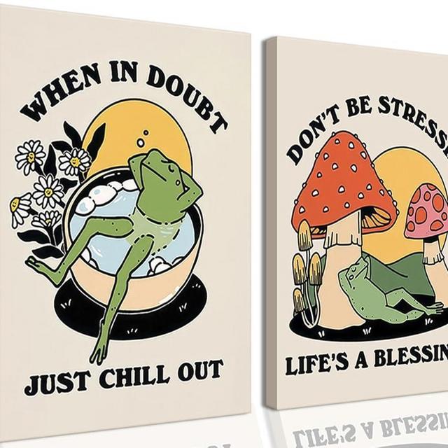 Framed Retro Meditating Frog Wall Art - Vintage Frog Mushroom Picture - Trendy 70s Aesthetic Poster Quote Wall Print for Bathroom - 12x16"