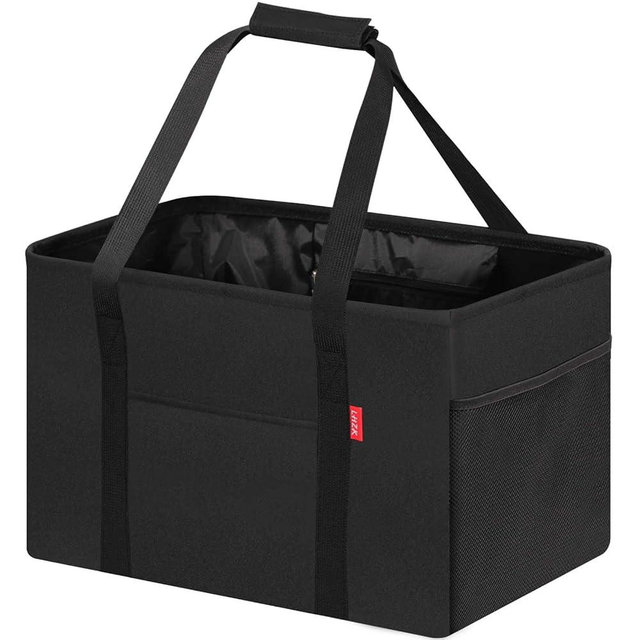 LHZK Standing Utility Tote Bag with Metal Wire Frame and the Sides Rinforced, Large Tote Bag with Handle, Reusable Grocery Bags Foldable, Beach Bag, Car Tote (Black, 18.5''x11.8''x11.5'')