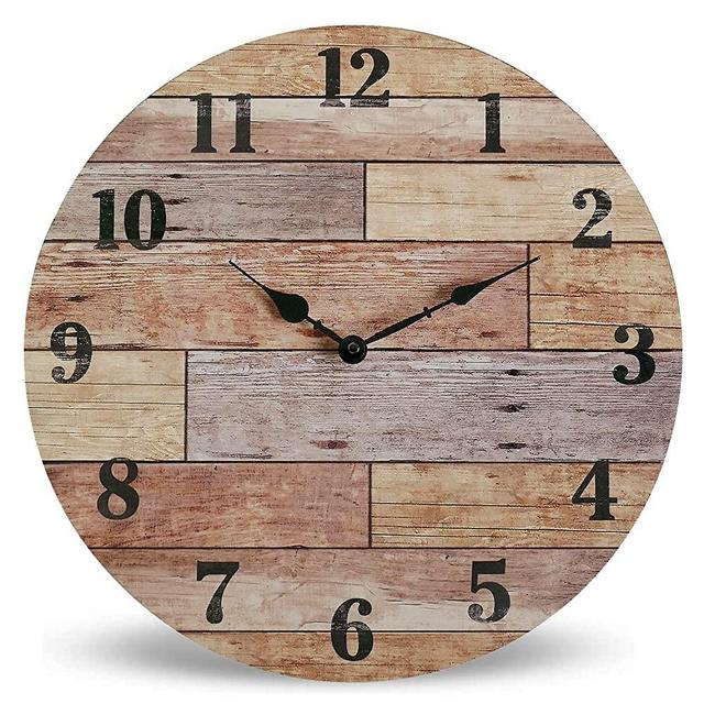 NIKKY HOME 16" Rustic Coastal Round Wall Clock Battery Operated Silent Noiseless Farmhouse Beach Clock Spliced Wood Design for Nautical Theme Bathroom, Kitchen, Living Room, Bedroom