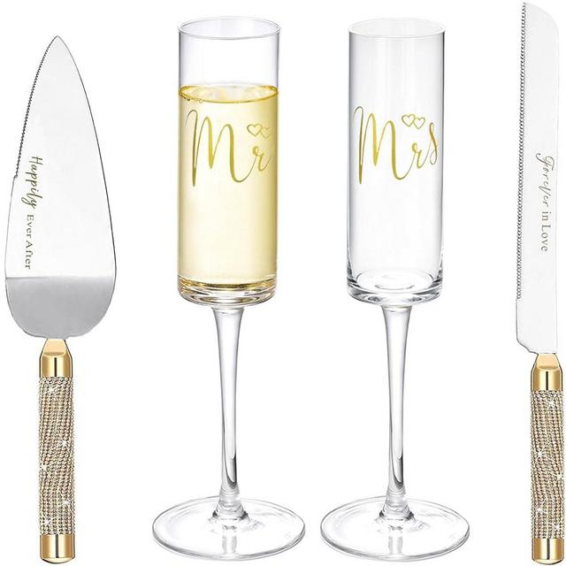 ROXBURGH Wedding Cake Knife and Server Set, Wedding Champagne Flutes, Gold Bride and Groom Champagne Flutes Toasting Glasses Engraved Mr and Mrs, Cake Cutting Set for Wedding Engagement Gifts