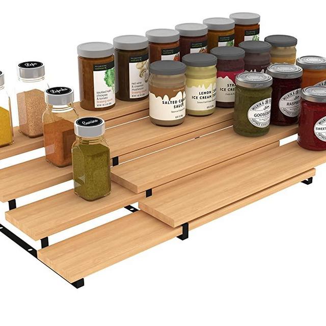 Derkniel 4 Tier Expandable Bamboo Spice Rack Cabinet Step Shelf Organizer for Kitchen Pantry Countertop Cupboard, Set of 2