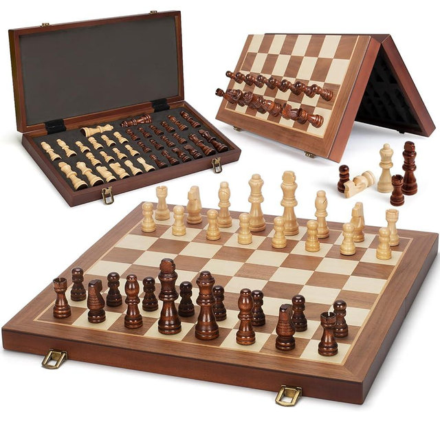 Magnetic Wooden Chess Set, 15" Folding Chess Board with 2 Extra Queens, Portable Travel Chess Set with Pieces Storage Slots, Beginner Chess Board Game for Adults & Kids