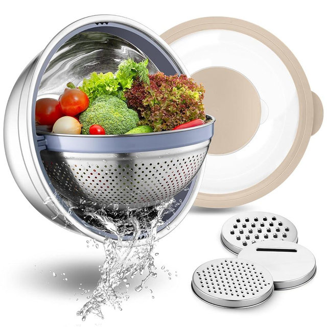 P&P CHEF 4-In-1 Stainless Steel Colander with Bowl Set, Rotatable Strainers for Kitchen, Fruit Cleaner, Washing Fruit & Draining Pasta, Mixing Bowl and Lid with Grater for Salad, Khaki