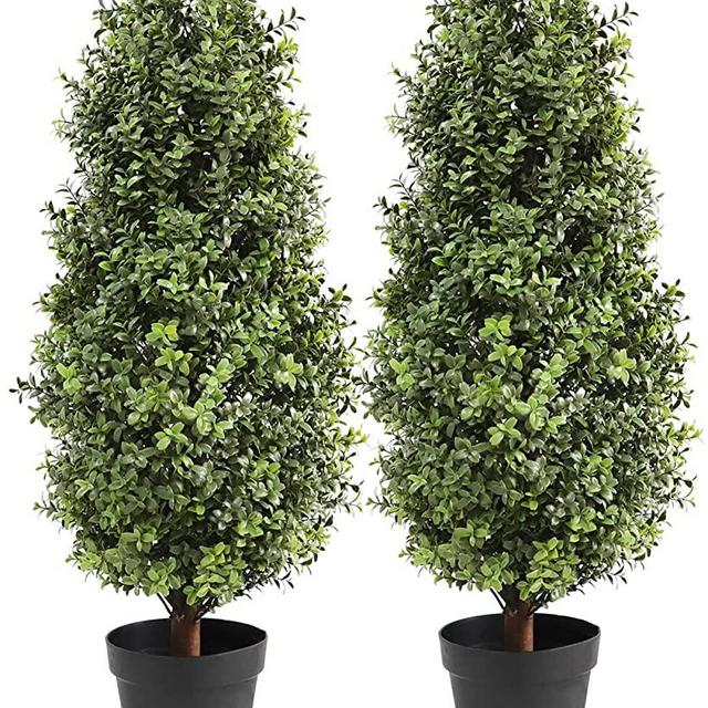 Artificial Topiary Boxwood Tree,Faux Shrub,Includes Black Plastic Pot,2 Packs Fake Trees,Home Decor for Indoor and Outdoor,Faux Plants Outdoor,Artificial Greenery Set,35inch