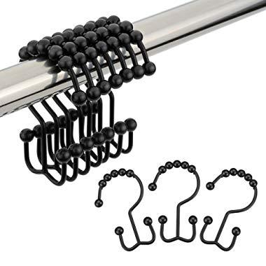 Amazer Shower Curtain Hooks Rings Double Shower Curtain Rings Stainless Steel Metal Double Glide Shower Hooks Rings for Bathroom Shower Rods Curtains, Matte Black, Set of 12 Hooks