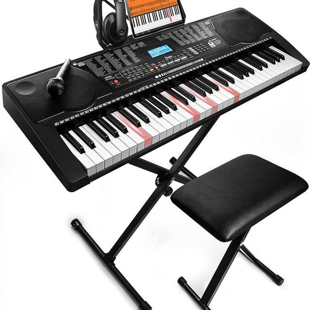 JIKADA 61 Key Portable Electronic Keyboard Piano w/Lighted Full Size Keys,LCD,Headphones,X-Stand,Stool,Music Rest,Microphone,Note Stickers,Built-In Speakers,3 Teaching Modes,Ideal for Beginner Adult