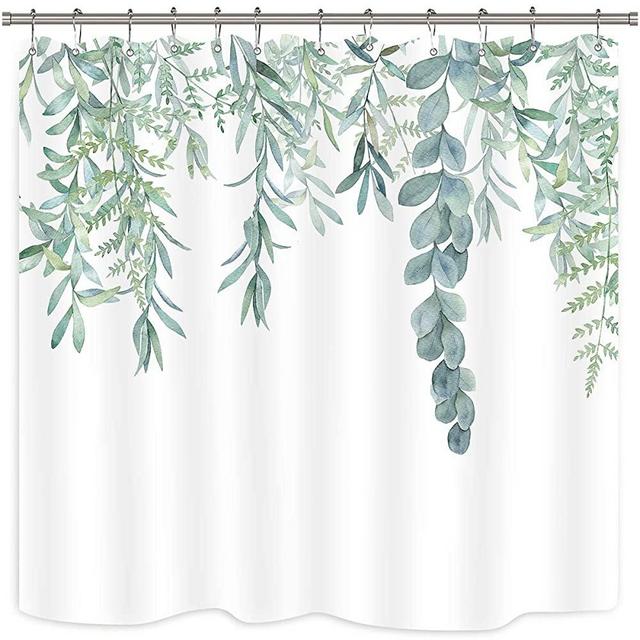 Riyidecor Green Leaves Shower Curtain Watercolor Spring Botanical Plant Branch Bouquet Fabric Waterproof Home Bathtub Decor 12 Pack Plastic Hook 72x72 Inch