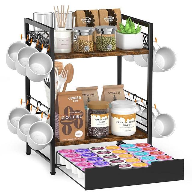 Plaviya Coffee Bar Organizer Countertop, 2 Tier Mug Cup Holder Stand with 12 Hooks, 30 K Cup Coffee Pod Drawer with Mug Rack, Multifunctional Coffee Shelf Organizer for Accessories Station Kitchen