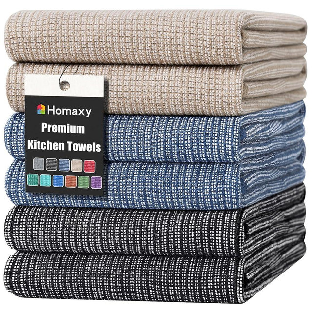 Homaxy Premium Kitchen Towels(18”x 28”, 6 Pack), Large Cotton Kitchen Hand Towels, Flat and Terry Dish Towels, 380 GSM Highly Absorbent Tea Towels Set with Hanging Loop, Navy Blue/Khaki/Black