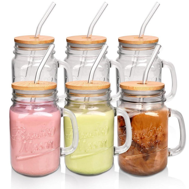 ANOTION Mason Jar Drinking Glasses - 16oz Mason Jars Glass Cups With Lids and Straws Iced Coffee Cup Mason Jar Juice Bottles Smoothie Cup Cute Mugs Glass Milk Bottle Vintage Glassware for Beverages