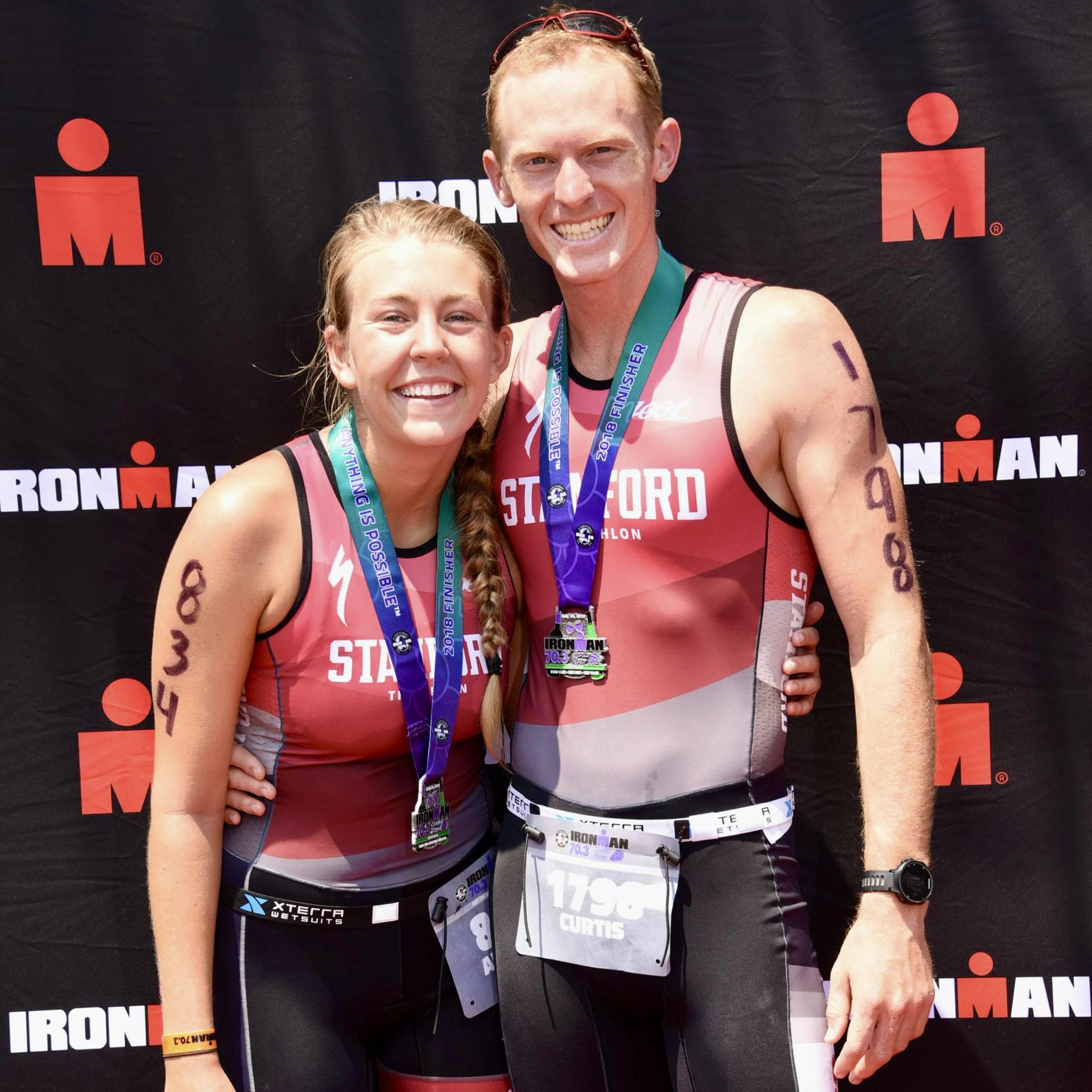 A photo of us after our first half-ironman, only 3 months after we started dating! Each of us was trying to impress the other, and we think it worked.