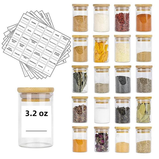 20 Pack Glass Spice Jars Set, 3.2oz (95ml) Mini Spice Jar with Bamboo Airtight Lids and 180 Spice Jar Square Labels Preprinted, Thicken Seasoning Containers, Food Storage for Pantry, Tea, Herbs, Salt
