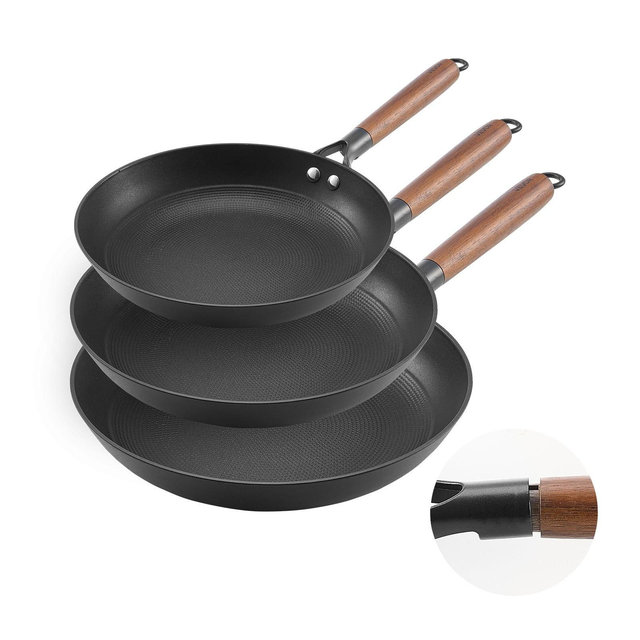 3-Piece Cast Iron Skillet Set with Detachable Wood Handle, Nonstick 8, 10 & 12 in Pans for All Stovetops