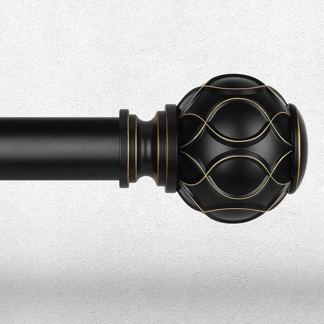 Black Curtain Rod, Heavy Duty 1 Inch Decorative Curtain Rods for Windows 48 to 84 Inch, Single-Side Adjustable Vintage Rustic Matte Black Drapery Pole Set with Boho Netted Texture Finials