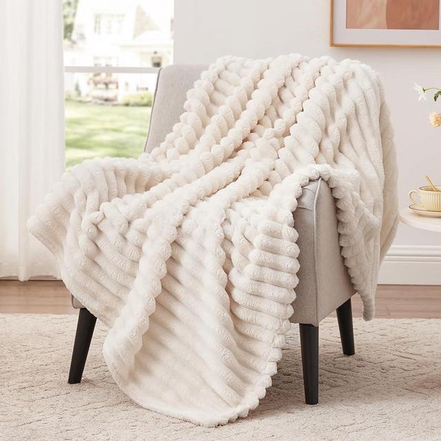 EXQ Home Fleece Throw Blanket for Couch or Bed - 3D Stripe Jacquard Decorative Blankets - Cozy Soft Lightweight Fuzzy Flannel Blanket Suitable for All Seasons(50"×60",Beige)