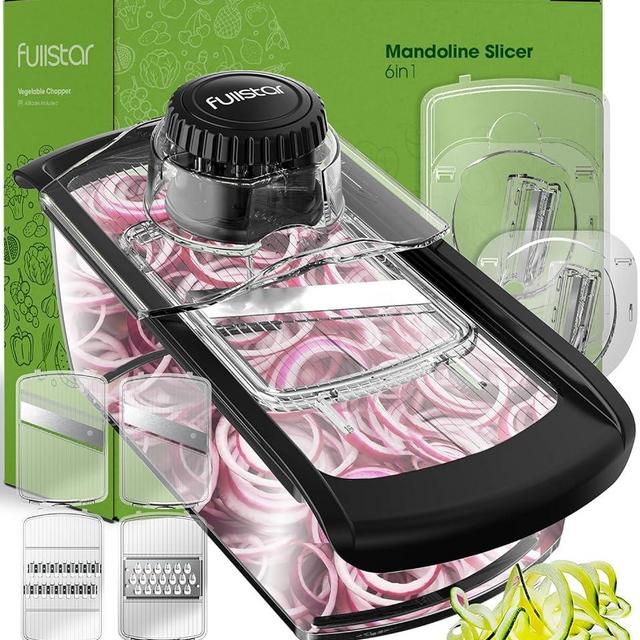 Fullstar Mandoline Slicer for Kitchen, Cheese Grater Vegetable Spiralizer and Veggie Slicer for Cooking & Meal Prep, Kitchen Gadgets Organizer & Safety Glove Included (6 in 1, Clear)
