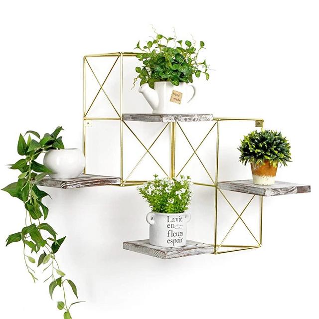 J JACKCUBE DESIGN Wall Mounted Floating Shelves, Set of 2 Gold Frame and Rustic Wooden Planter Display Organizer Shelf for Bedroom, Living Room, Bathroom, Kitchen and Office Decor- MK687A
