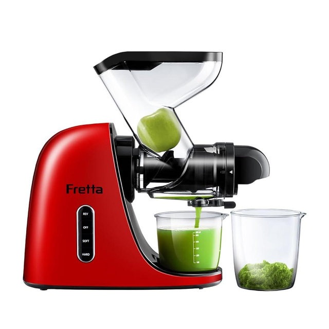 Cold Press Juicer, Fretta Slow Masticating Juicer, BPA-Free, Extractor de Jugos y Vegetales, Large Feed Chute Juice Maker, Juice Extractor with Quite Motor & Reverse Function,200W Powerful Motor(Red)