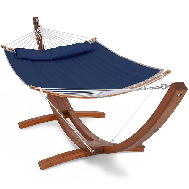SUNCREAT Hammocks Standing Backyard Hammock with Stand, 2 Person Heavy Duty Hammock with 13.5 ft Wooden Stand, Navy