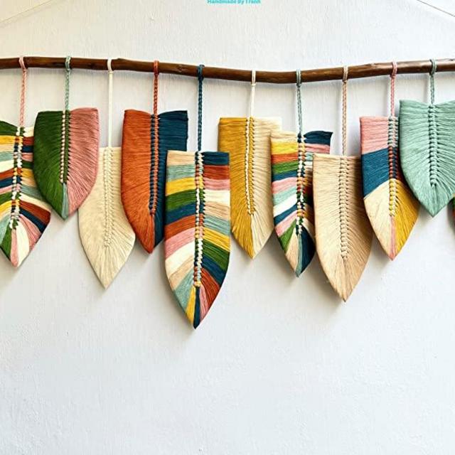 Leaves Macrame Wall Hanging, Macrame Feather Wall Decor, Scandinavian Decor, Wall Art, Boho Nursery Decor Plant Lover, Christmas Gifts